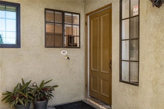 Entrance view of a house with a brown front door and adjacent windows.