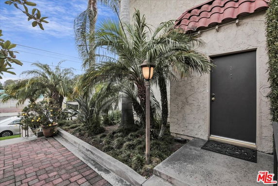 Front view of a house entrance with a covered porch and palm trees.