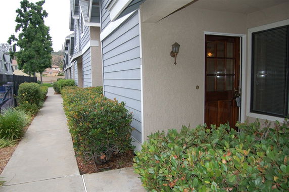 Exterior view of a row of residential buildings with a pathway and shrubs.