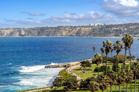 Coastal landscape with cliffs, ocean, and palm trees.