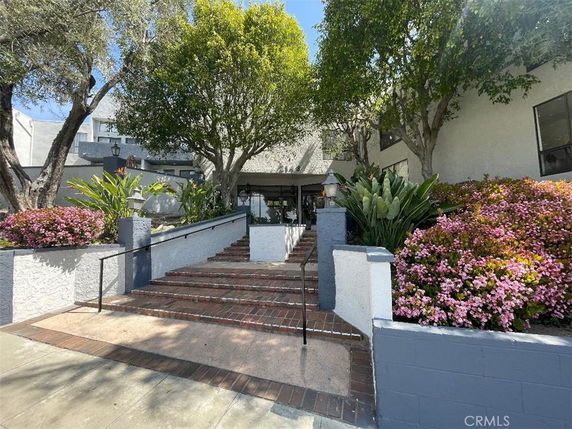 Front view of a building with brick steps and landscaped entrance.