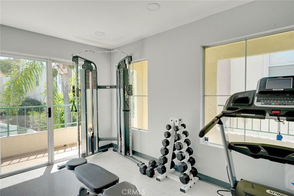 Home gym room with exercise equipment including a treadmill, weight rack, and cable machine surrounded by large windows.