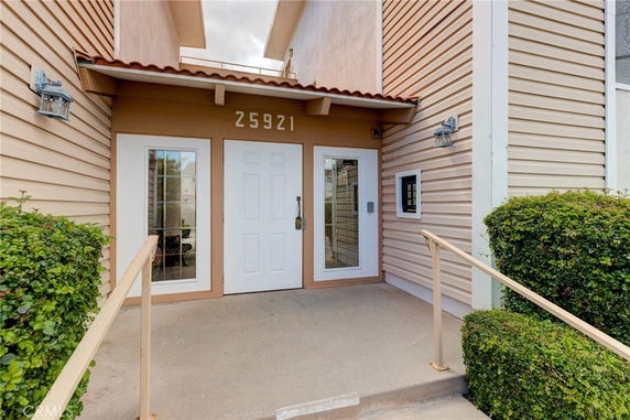 Front view of a building entrance with a single door and sidelight windows.
