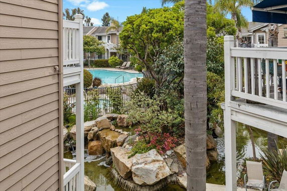 View of a residential area with visible swimming pool and landscaping.