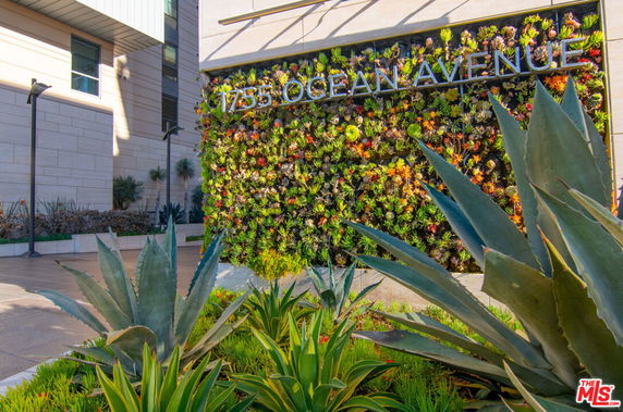 Front view of a building with a vertical garden and agave plants.