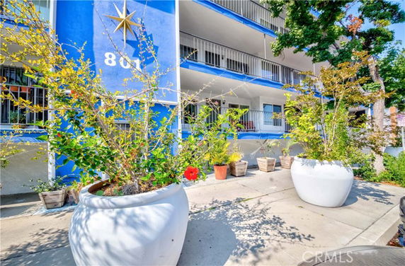 Front view of a multi-story building with blue accents and potted plants.