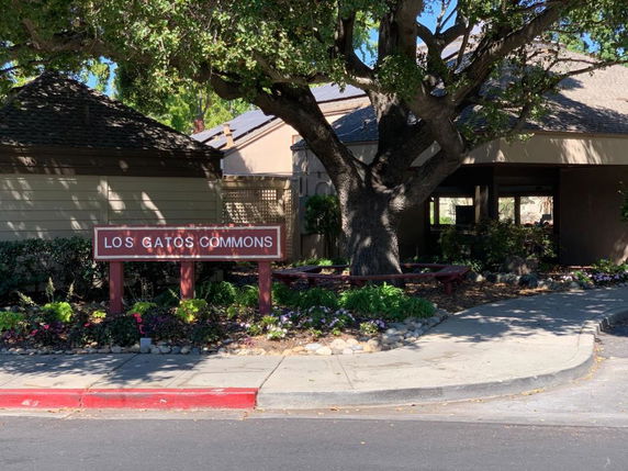 Front view of a building with the sign 'Los Gatos Commons' in a garden setting.