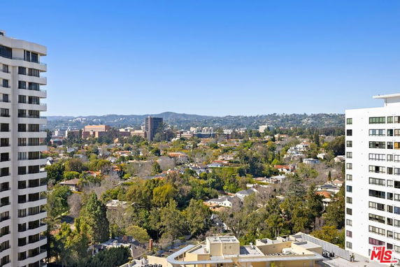 Wide-angle view from a building overlooking a cityscape with trees and distant hills.