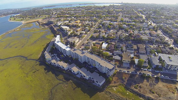 Aerial view of a residential area along a body of water, showing multiple buildings and surrounding greenery.