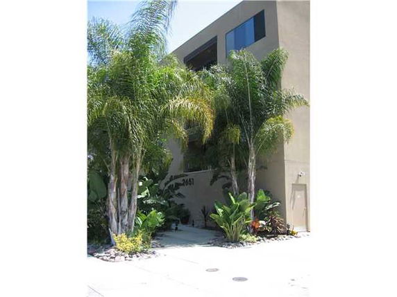 Front view of a building with palm trees and a pathway.