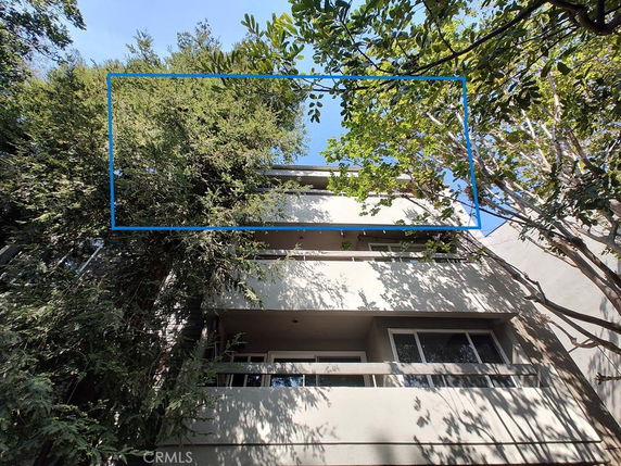 Front view of a multi-story building partially obscured by trees.