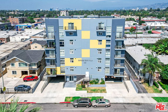 Front view of a multi-story apartment building