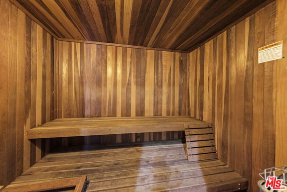 Interior view of a wooden sauna room.