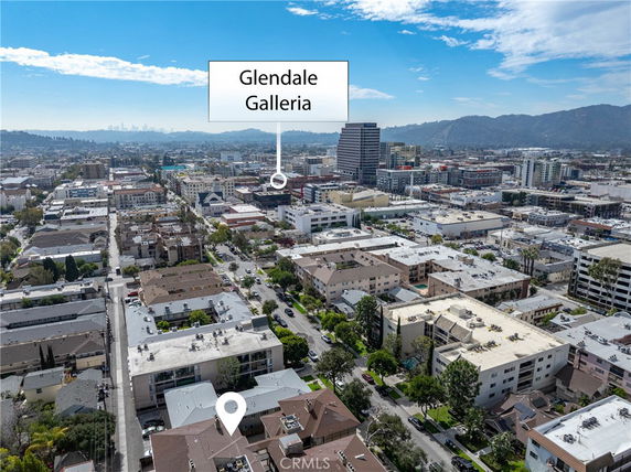 Wide angle view of a cityscape with various buildings and Glendale Galleria marked.