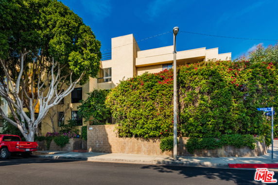Front view of a multi-story building with greenery and a large tree.