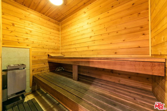 Interior view of a wooden sauna room