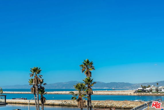 Wide angle view of the sea and surrounding landscape with palm trees.