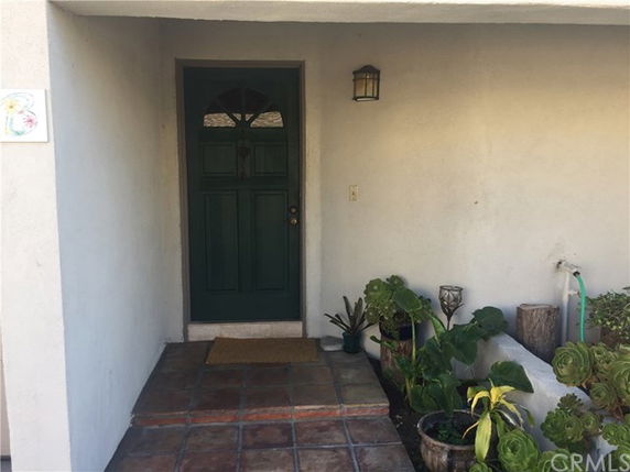 Front view of a house entrance with a green door and plants.