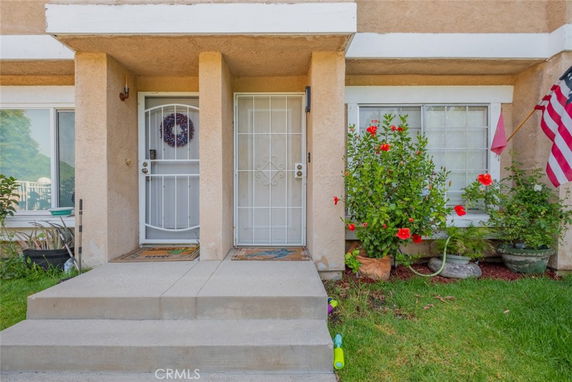 Front view of a house entrance with two doors, small steps, and a garden with plants and flowers.