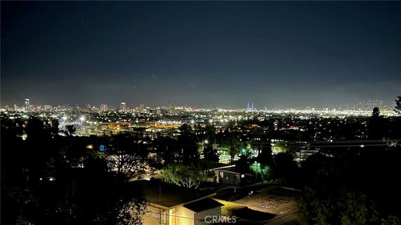 Nighttime panoramic view of a city skyline with illuminated buildings.