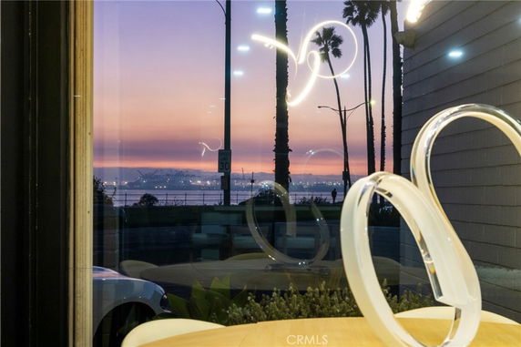 View of palm trees and waterfront seen through a window, reflecting indoor decor.
