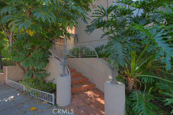 Front view of a house with steps leading to the entrance and surrounded by lush greenery.