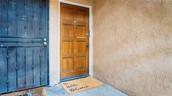 Entrance of a house with a wooden door and a metal security gate.