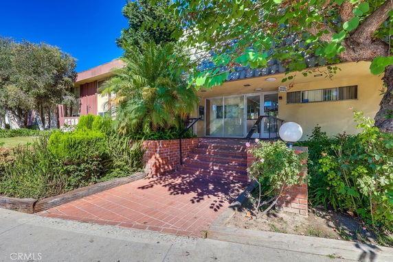 Front view of a building entrance with steps and greenery.