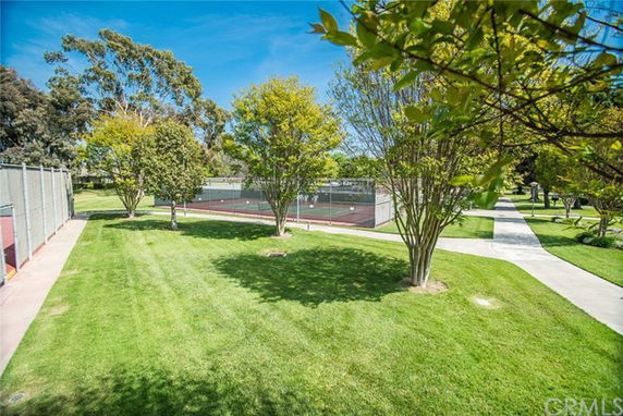 View of tennis court in a park setting with surrounding trees and grass.