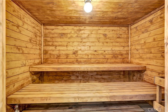 Wooden sauna room with two-tier benches.