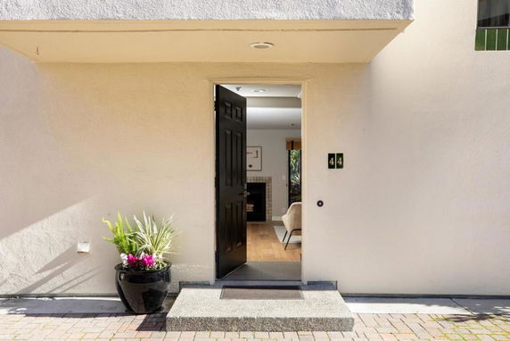Front view of a house entrance with an open black door and a potted plant beside the entrance.