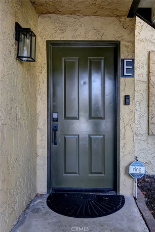 Front view of an entrance door with a porch light and a security sign.