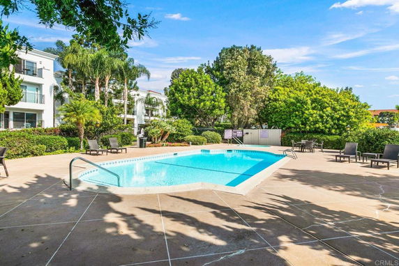 Outdoor swimming pool area with surrounding lounge chairs and greenery.