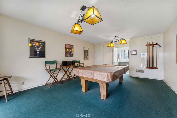 Recreation room with a billiards table and wall-mounted cues.