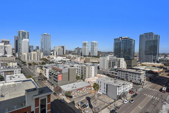 Panoramic view of a cityscape with multiple high-rise buildings and streets.