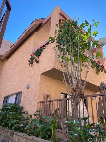 Front view of a house with a balcony and plants on the exterior wall.
