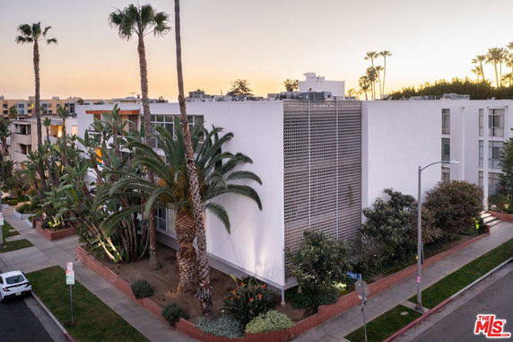 Front view of a modern multi-story building with large windows and tall palm trees.