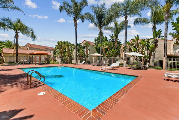 Swimming pool area with surrounding lounge chairs and umbrellas.