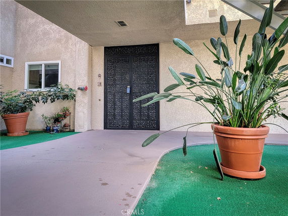 Front view of a building entrance with a decorative metal door and potted plants.