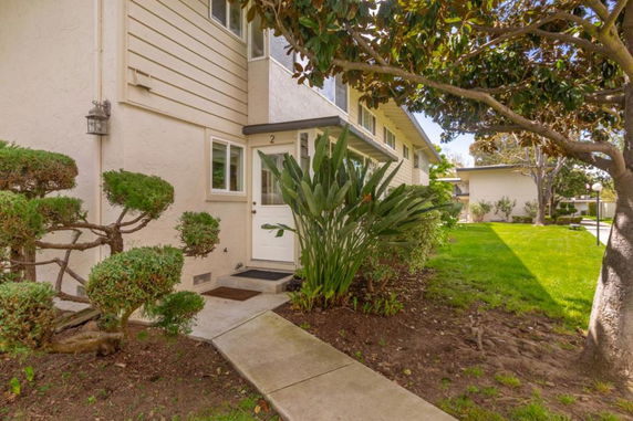 Front view of a two-story house with a white door and surrounding greenery.