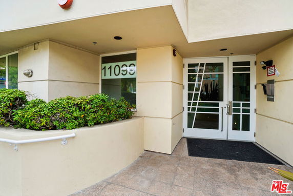 Entrance view of a modern building with glass doors and surrounding greenery.