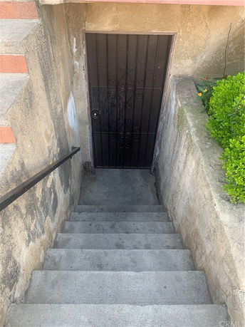 Staircase leading down to a basement door with a metal gate.