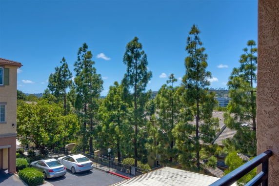 View from a building showing a parking area with cars and tall trees around.