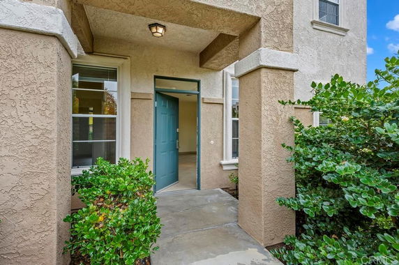 Front view of a house entrance with open door and surrounding bushes.