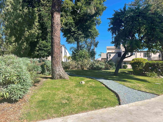 View of surrounding area with trees and a building in the background.