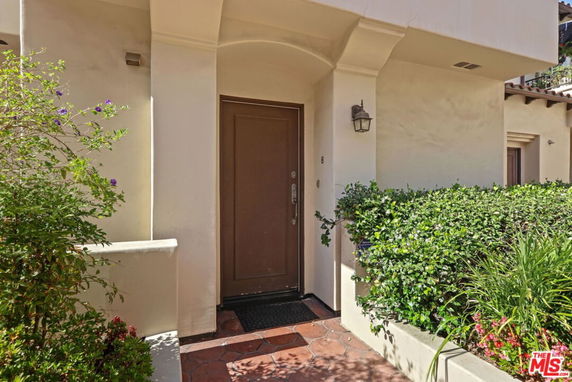 Front view of a house entrance with a brown door and surrounding plants.