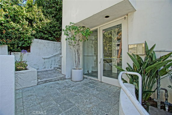 Front view of a building entrance with glass door and plants on the side.