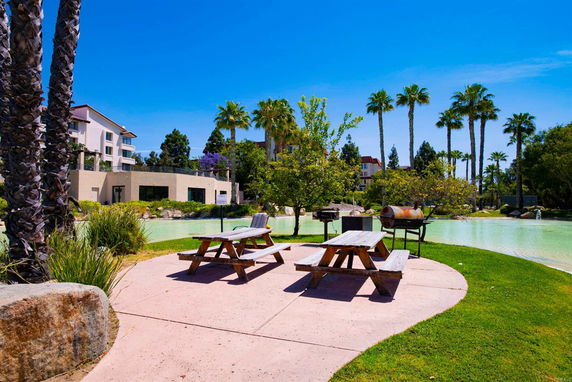 Outdoor view with picnic tables and grills near a pond, surrounded by palm trees and buildings.