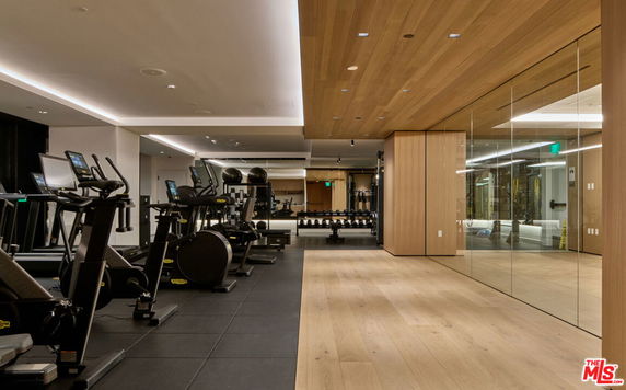 Interior of a gym area with exercise machines and weights.