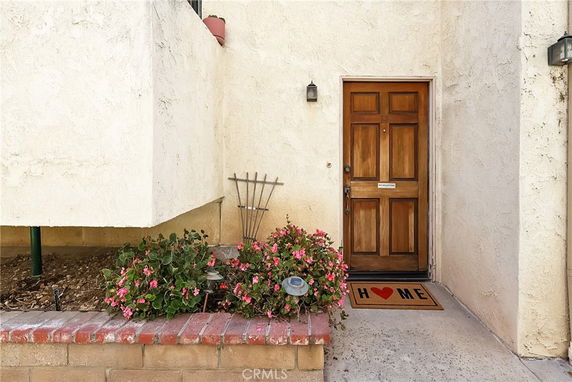 Front view of a house entrance with a wooden door and potted plants.